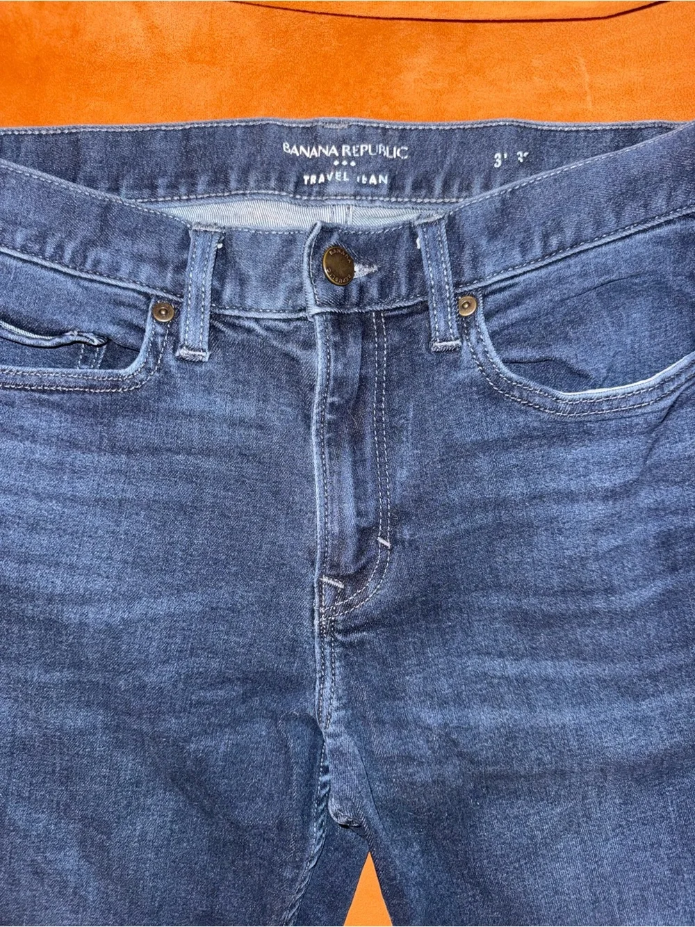 Men's Banana Republic Dark Blue Distressed, “Traveler Jean” Size 31x30